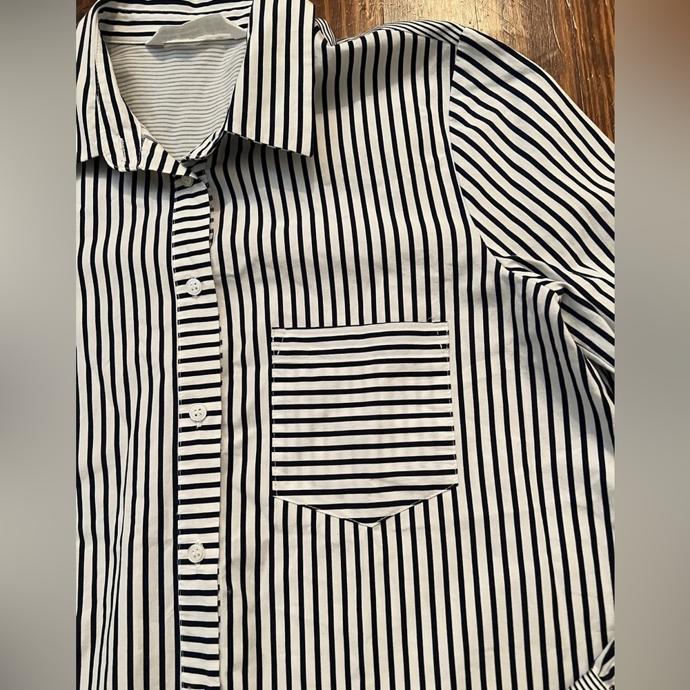 ZARA Basic Navy and White Striped button down pea… - image 6